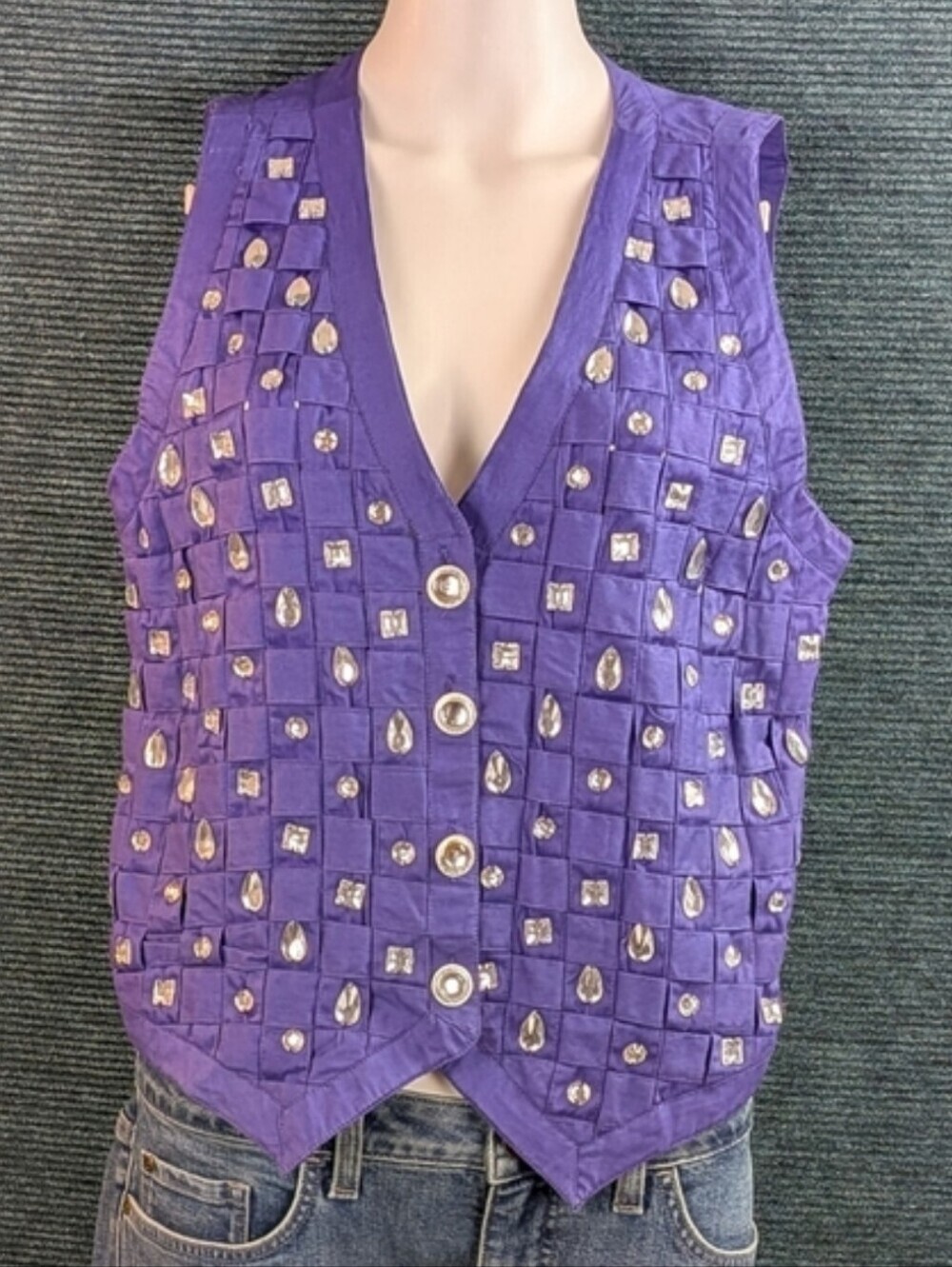 Vintage Paris Henley Purple Basketweave Vest With Clear Gems